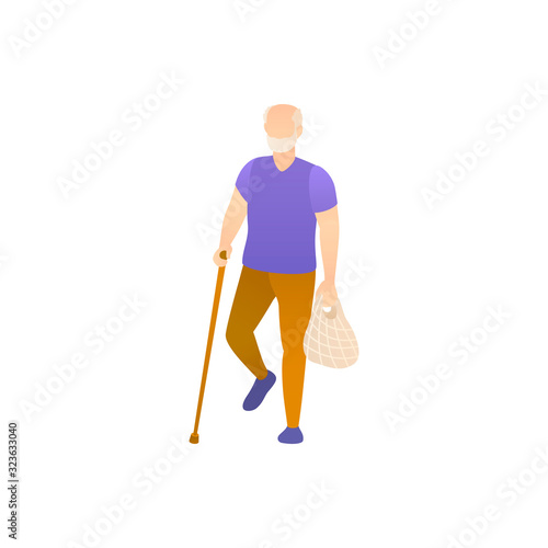 An elderly man with a cane, flat vector illustration. Old man walking down the street and limps leaning on the crutch. Grandfather pensioner with physical disabilities on a isolated white background.