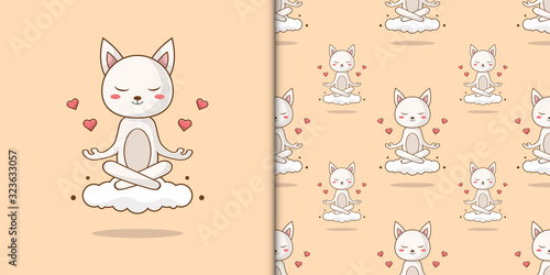 Cat meditating on a cloud seamless pattern
