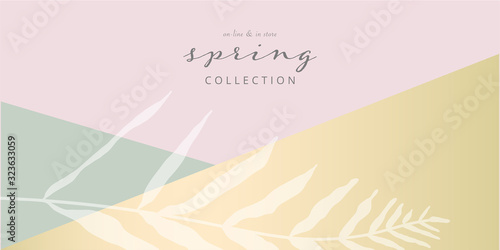 Social media banner template for advertising spring arrivals collection or seasonal sales promotion. trendy hand drawn background textures and floral botanical elements