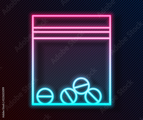 Glowing neon line Plastic bag of drug icon isolated on black background. Health danger. Vector Illustration
