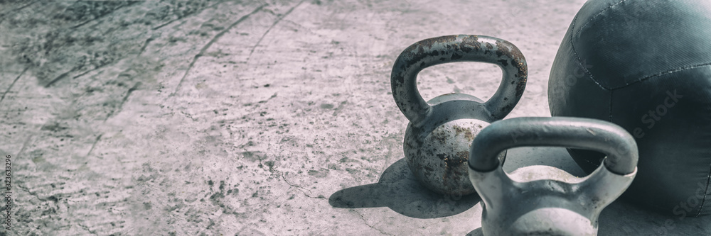 Gym fitness center header background panorama banner. Free weights  kettlebell and medicine ball for training workout texture. Kettlebells  heavy weight for weightlifting cross training panoramic. Stock Photo |  Adobe Stock