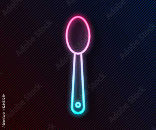 Glowing neon line Heroin in a spoon icon isolated on black background. Concept of drug addiction and dependence from the narcotic. Junkie lifestyle. Vector Illustration