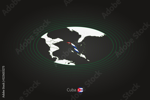 Cuba map in dark color, oval map with neighboring countries.