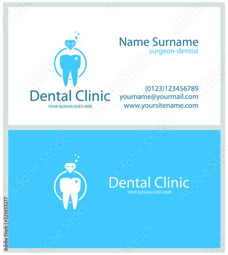 Blue round logo with tooth and business card design template for dental clinic, dentist.