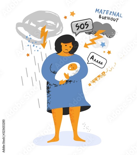 Emotional burnout.a woman stands with a child in her arms and lightning bolts and SOS signs around her. Tired and irritated in a sad state. Postpartum depression. Stress at home. Vector illustration.