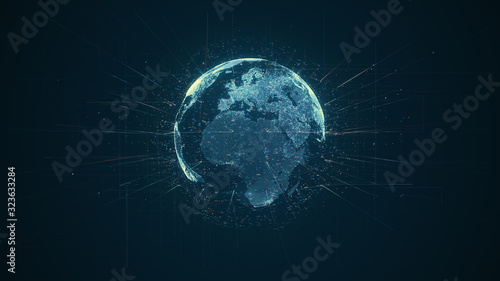 Digital data globe - abstract illustration of a scientific technology data network surrounding planet earth conveying connectivity  complexity and data flood of modern digital age