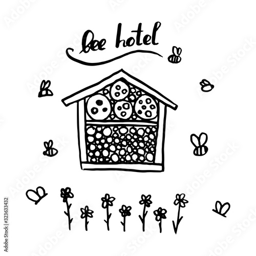 Bee hotel insect butterfly bug house, wooden object produced to mimic the solitary bees natural breeding nests. Black doodle by hand isolated on white background. Applicable for Banners Poster. Vector