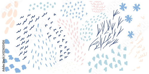 Vector abstract nature background with doodles, flowers, leaves, crosses, dots and scribbles. Romatic  pattern , hand drawn  with felt-tip pens for invitations, poster,postcard or web .