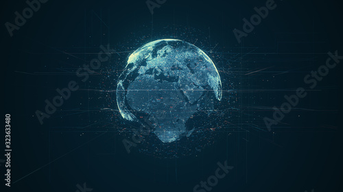 Digital data globe - abstract illustration of a scientific technology data network surrounding planet earth conveying connectivity, complexity and data flood of modern digital age