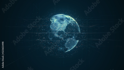 Digital data globe - abstract illustration of a scientific technology data network surrounding planet earth conveying connectivity, complexity and data flood of modern digital age