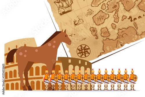 Army of Roman empire, infantry soldiers, old map and horse, vector illustration. History, architecture and culture of Roman empire. Colosseum and soldiers of legion in uniform, flat cartoon style