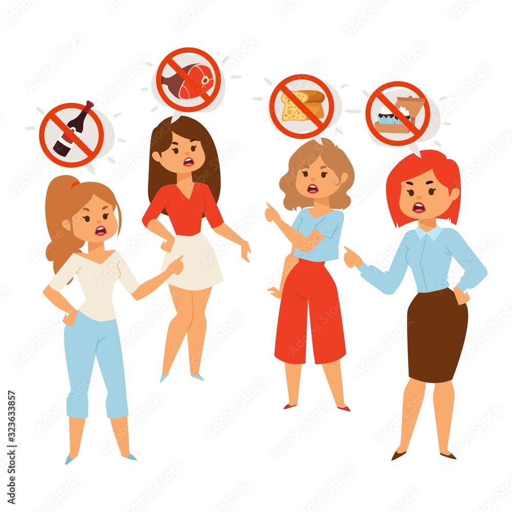Women arguing about diet food and healthy eating, vector illustration. Discussion of nutrition and unhealthy products people should exclude. Women cartoon characters discussing food restrictions diet Women arguing about diet food and healthy eating, vector illustration. Discussion of nutrition and unhealthy products people should exclude. Women cartoon characters discussing food restrictions diet
