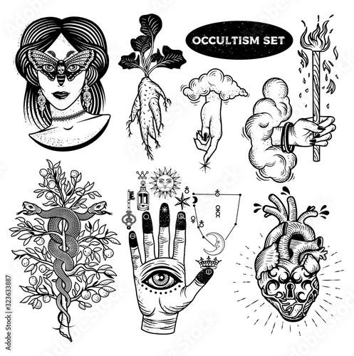 Occultism Set With Woman With Moth Eyes, Mandrake Root, Snakes On The Tree, Alchemical symbols on The Hand, Hand of God with clouds, Heart Lock.