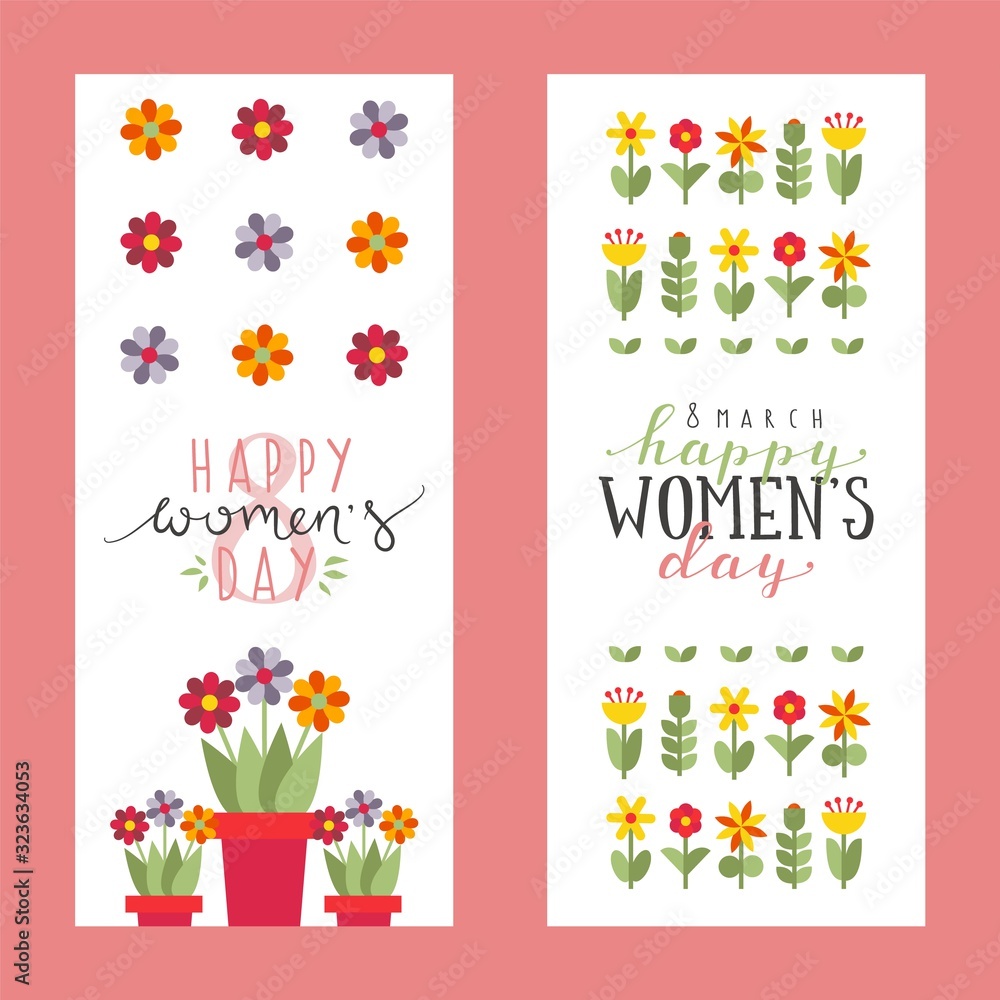 Fototapeta premium Floral banners for womens day, greeting card template, vector illustration. Happy womens day, birthday card, flower shop advertisement. Romantic botanical background with isolated flat spring flowers