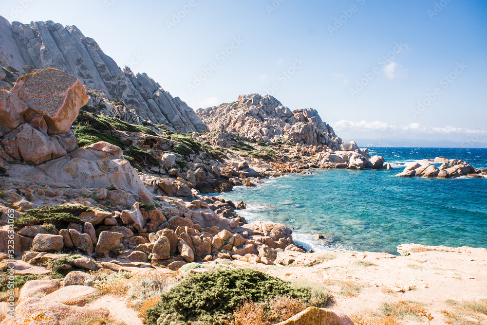 Bay in Mediterranean Sea with Rocks. Capo Testa, Sardinia, Italy.