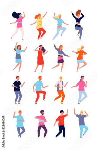 Dancing characters. Young persons in action poses at funny party vector characters flat style. Action people music, celebration and dance illustration