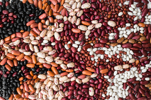 Different varieties of bean seeds. Beans background.