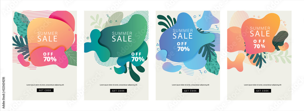 Summer sale cover design, Sale banner template with liquid shape, Organic shape, Memphis design element, Tropical leaf, flower, floral decoration, minimal trendy style for holiday and sale season.