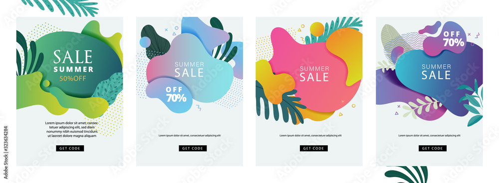 Summer sale cover design, Sale banner template with liquid shape, Organic shape, Memphis design element, Tropical leaf, flower, floral decoration, minimal trendy style for holiday and sale season. - obrazy, fototapety, plakaty 