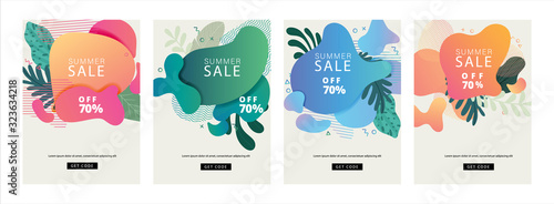Summer sale cover design, Sale banner template with liquid shape, Organic shape, Memphis design element, Tropical leaf, flower, floral decoration, minimal trendy style for holiday and sale season.