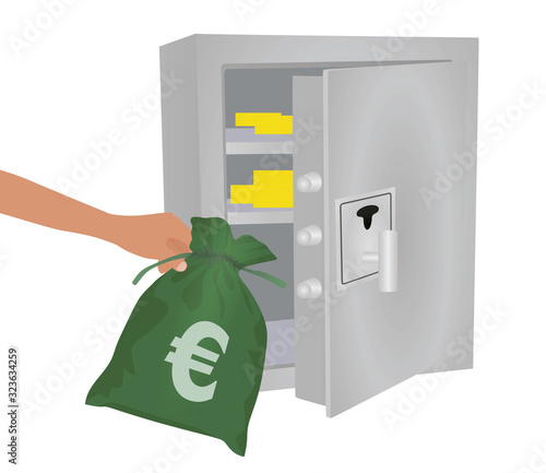 Hand take euro bag from safe box. thief concept. vector