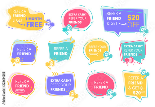 Refer a friend. Referral program promotional stickers vector colored badges design template. Refer friend, referring and recommend illustration