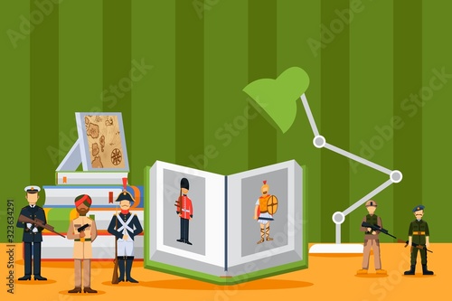 Historic book with pictures of soldiers, miniatures in uniform, vector illustration. Military force, infantry and navy soldiers of different countries and centuries. Miniatures for war game collection