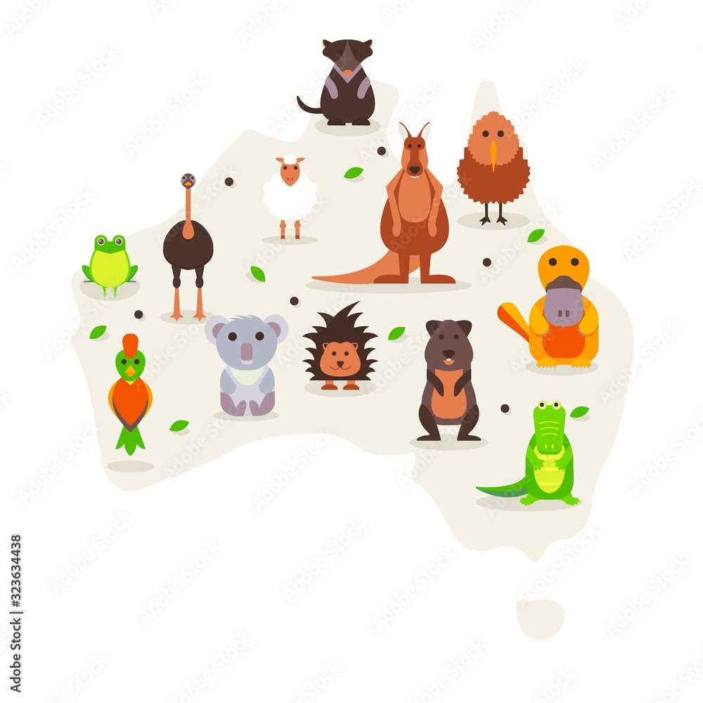 Animals of Australia, cute cartoon characters in flat style, vector illustration. Set of isolated funny animals, symbols of Australia. Kangaroo, koala, platypus, wombat and ostrich. Native wildlife
