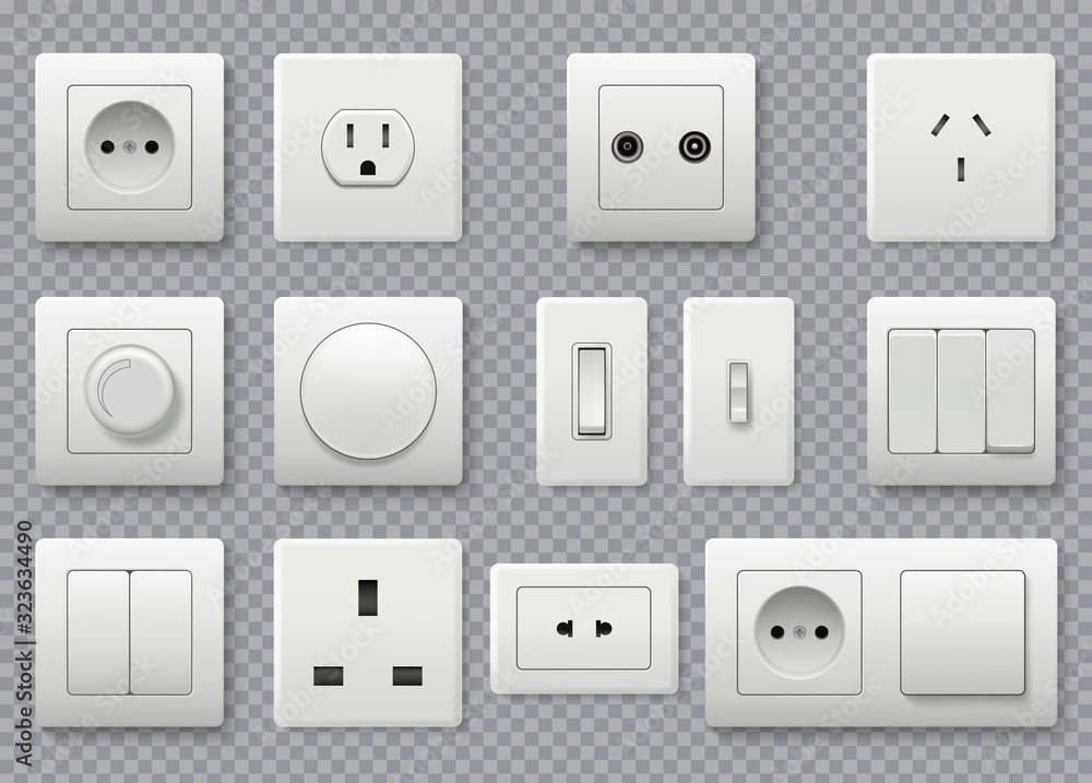 Wall switch. Power electrical socket different modern round switches