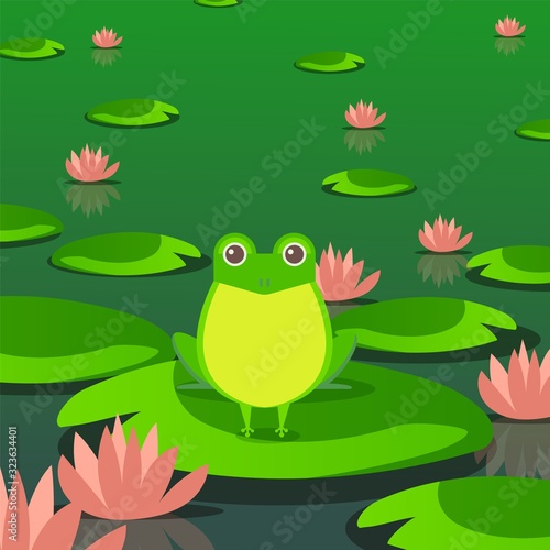 Cute frog in pond, sitting on leaf of water lily, vector illustration. Happy animal cartoon character, lovely toad in swamp. Waterlily flowers and funny little frog flat style, nature flora and fauna