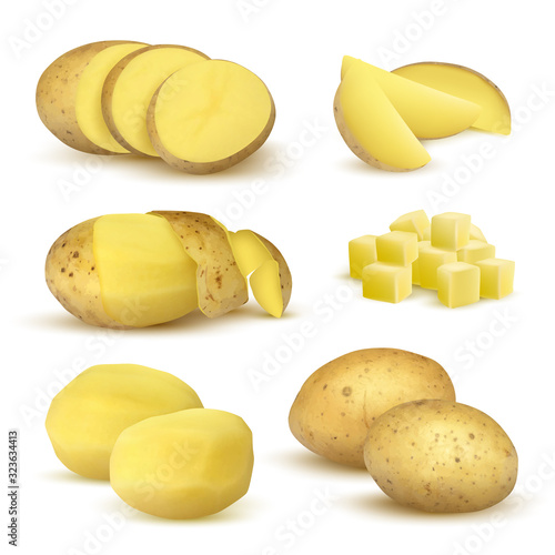 Realistic potatoes. Grocery natural products vegetables fresh sliced eco food plants for vegetarian vector set. Realistic potato slice, natural raw, crude whole illustration