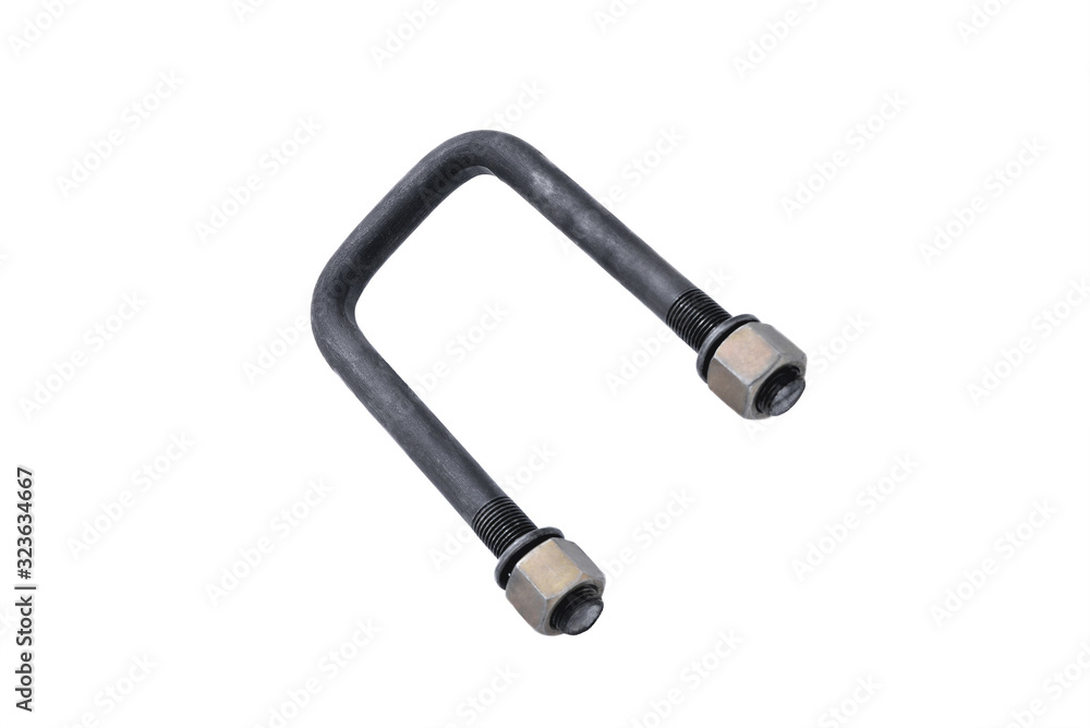 Detail of automobile spring, clamp for screed sheets of automobile spring, spring bracket white background isolate Detail of automobile spring, clamp for screed sheets of automobile spring, spring bracket white background isolate