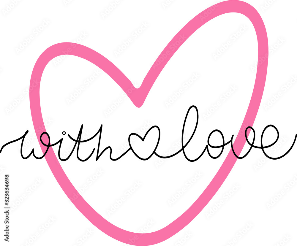 black minimalistic lettering with love in the style of lettering, handwritten, on the background of a red heart. for Valentine's day, family day. logo on a postcard, t-shirt design, print, vector, sti