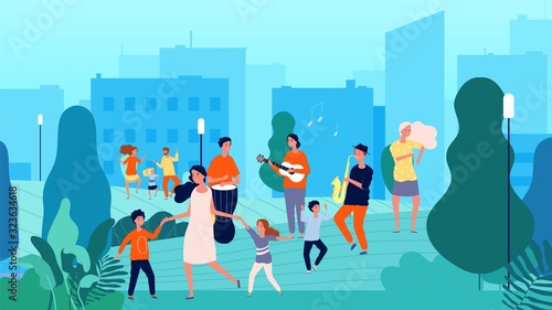 Street musicians. Musical fest, family dancing. Parents and children having fun with music vector illustration. Street music, instruments concert on air