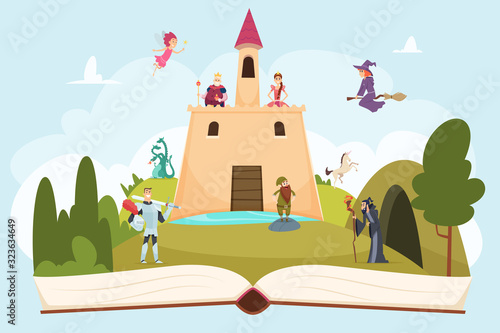 Open fairy tale book. Fantasy background with funny mascot princess knight wizard witch vector cartoon landscape on pages. Princess and medieval fairytale, knight and tower illustration