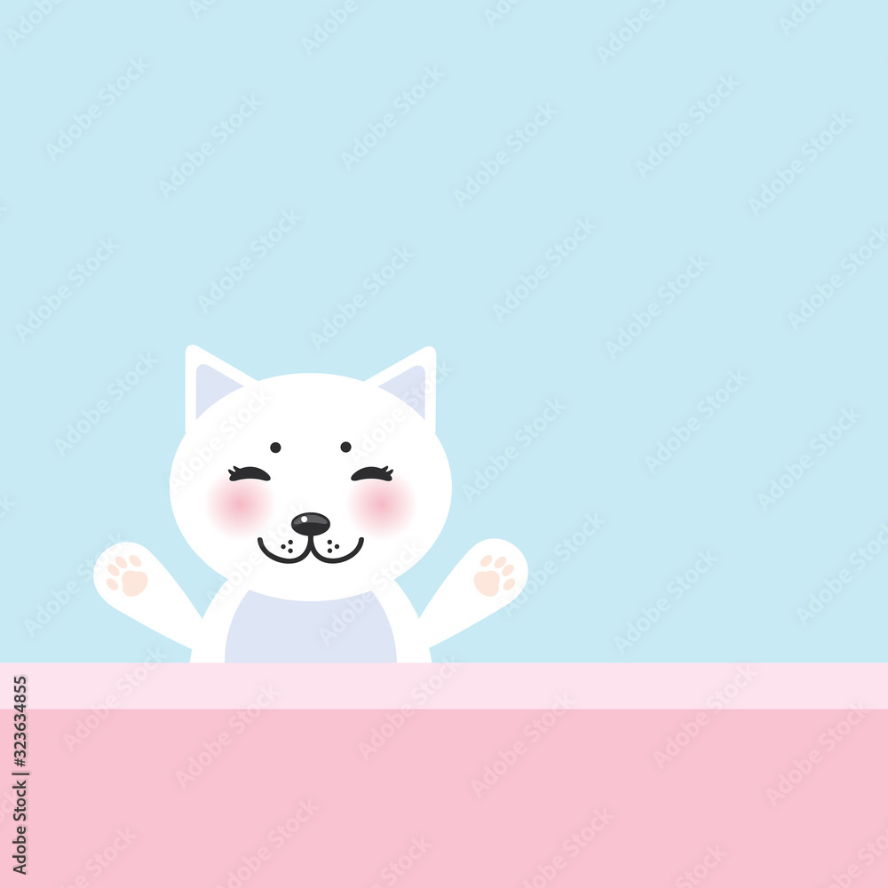 Fototapeta premium funny Kawaii cat face with pink cheeks, pastel colors white blue pink lilac background. Can be used for greeting card design, frame for your text. Vector