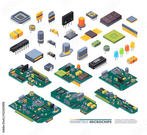 Electrical boards isometric. Hardware items computer power diodes semiconductors and small chip vector equipment set. Illustration hardware isometric electrical, electronic power technology photo