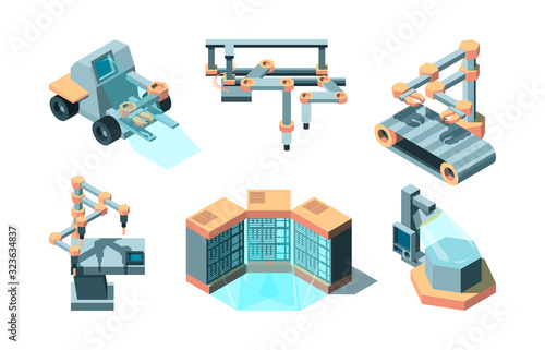 Smart industry isometric. Machine future robotic technologies computing 3d remote production vector pictures set. Illustration smart machine, industry manufacturing, automation machinery