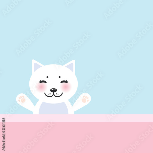 funny Kawaii cat face with pink cheeks, pastel colors white blue pink lilac background. Can be used for greeting card design, frame for your text. Vector