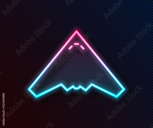 Glowing neon line Jet fighter icon isolated on black background. Military aircraft. Vector Illustration