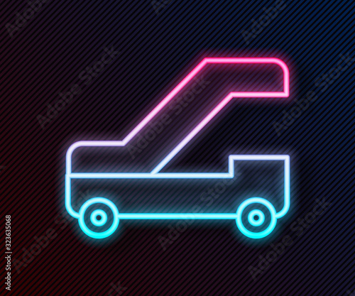 Glowing neon line Passenger ladder for plane boarding icon isolated on black background. Airport stair travel. Vector Illustration