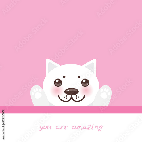 You are amazing. funny Kawaii cat face with pink cheeks, pastel colors white pink lilac background. Can be used for greeting card design, frame for your text. Vector © EkaterinaP
