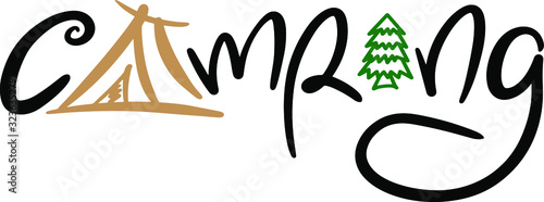 funny black word camping with beige tent, tent and green tree in modern style lettering, handwritten, logo, design for key chains, camps, recreation, Hiking, travel, for summer camp flyers and posters