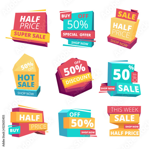 Half price badges. Advertizing sale banners tags and promo labels vector collection. Price discount percent, half offer badge illustration