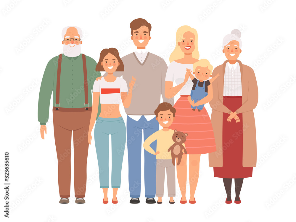 Fototapeta premium Happy family. Mother father kids and grandparents standing together vector big family portrait. Father and mother, family with children illustration