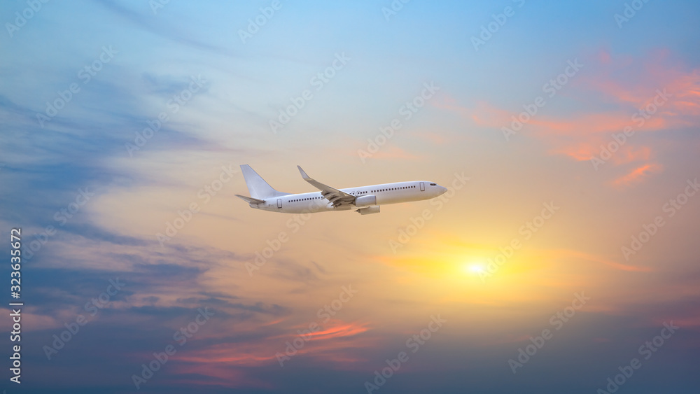 High-altitude airplane and beautiful sky at dusk