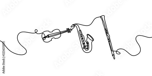 Jazz music instrument. One line drawing of saxophone, violin, and clarinet. Minimalism style vector illustration, simplicity design.