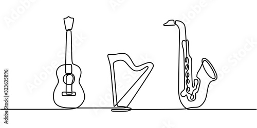 Continuous one line drawing. Classical music instruments. Vector illustration set of saxophone, acoustic guitar, and harp.