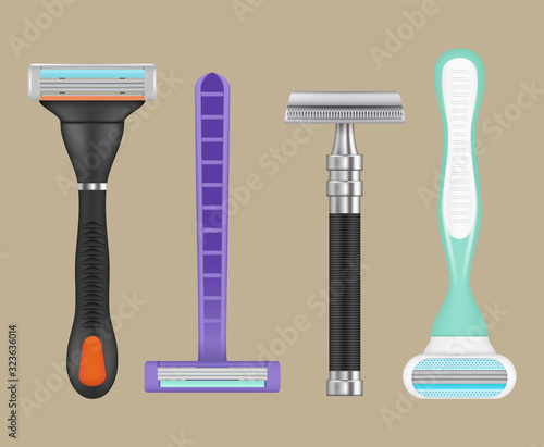 Razors realistic. Woman depilation items shaving razors vector collection of blades. Razor and blade tool for cut hair and hygiene illustration