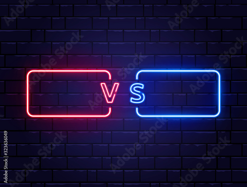 Versus screen neon. Red vs blue team. Battle headline banner. Fight competition. Match, game design elements. Neon sign, bright signboard. Vector illustration